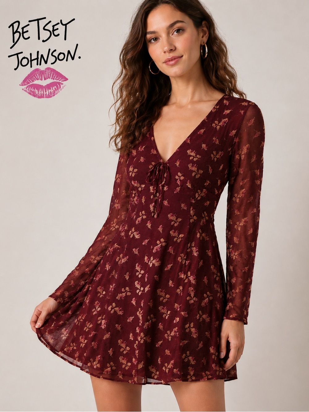 Betsey Johnson Floral Long Sleeve Mini Dress - Burgundy Size XS (2) NIP